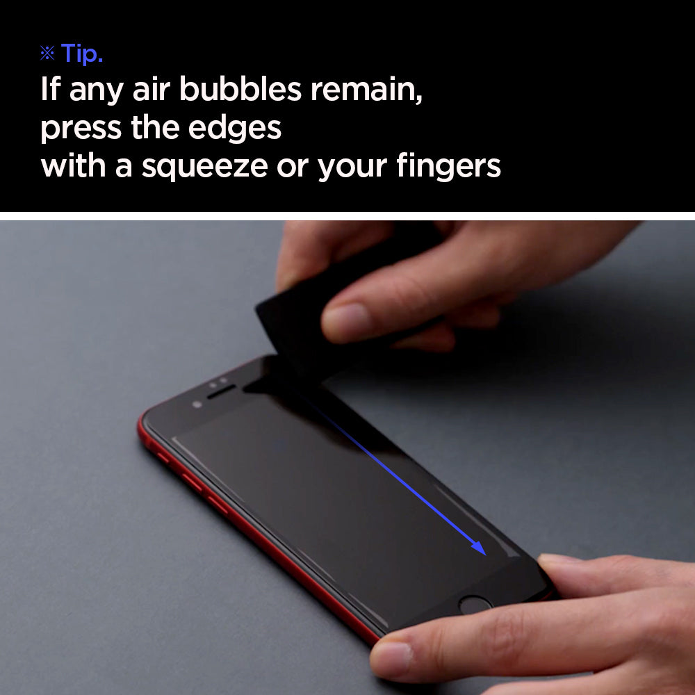 AGL01302 - iPhone SE Series Alignmaster Full Cover Screen Protector in black showing the Tip, If any air bubbles remain, press the edges with a squeeze or your fingers