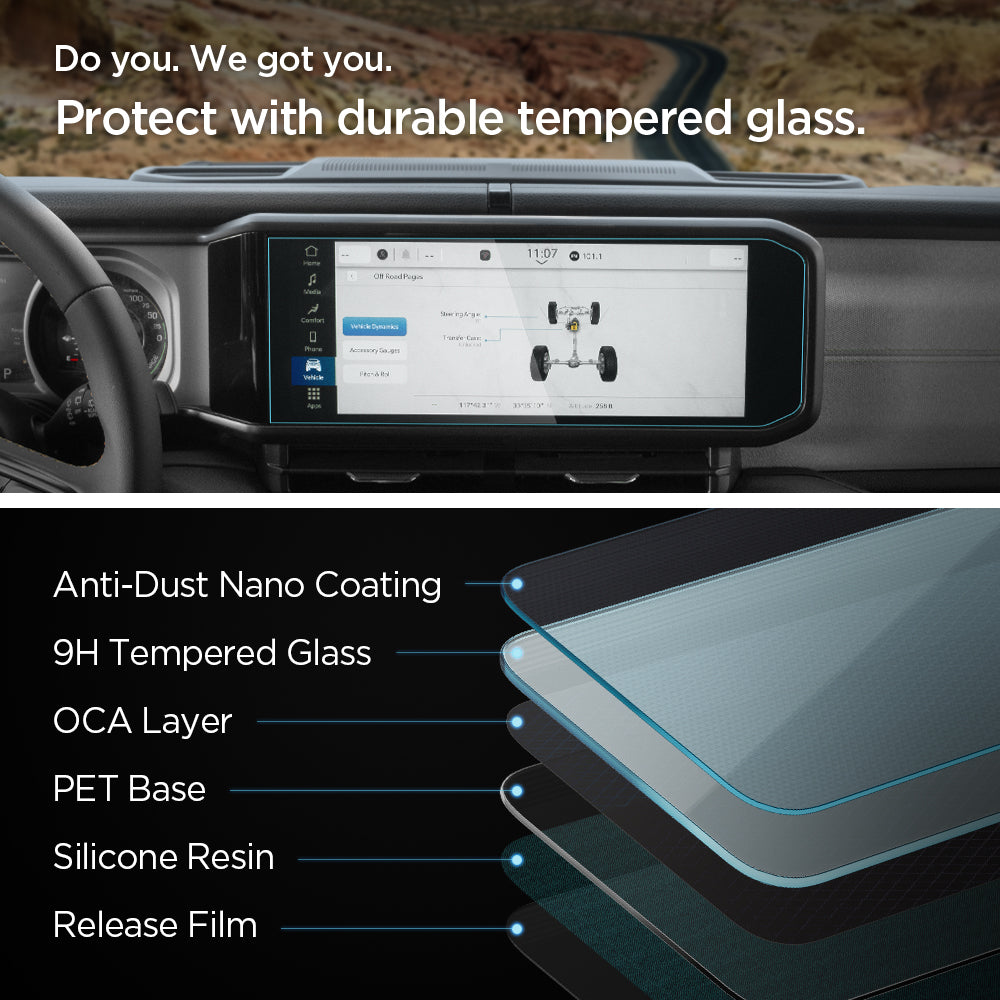 AGL07279 - Jeep Wrangler Screen Protector GLAS.tR SLIM do you. we got you. protect with durable tempered glass. Anti dust nano coating 9H tempered glass OCA layer PET base Silicone Resin Release Film.