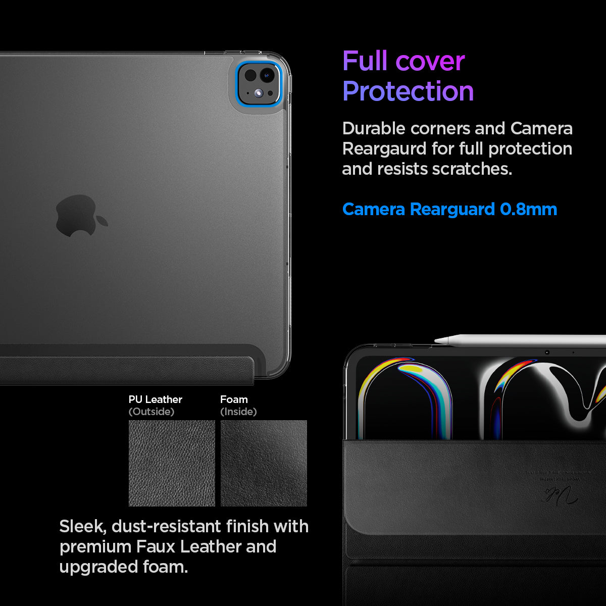ACS09439 - iPad Pro 13-inch (2024) Case Liquid Air Folio in Black showing the full cover protection. Durable corners and camera rearguard for full protection and resists scratches. Camera Rearguard 0.8mm. Sleek, dust-resistant finish with premium Faux Leather and upgraded foam
