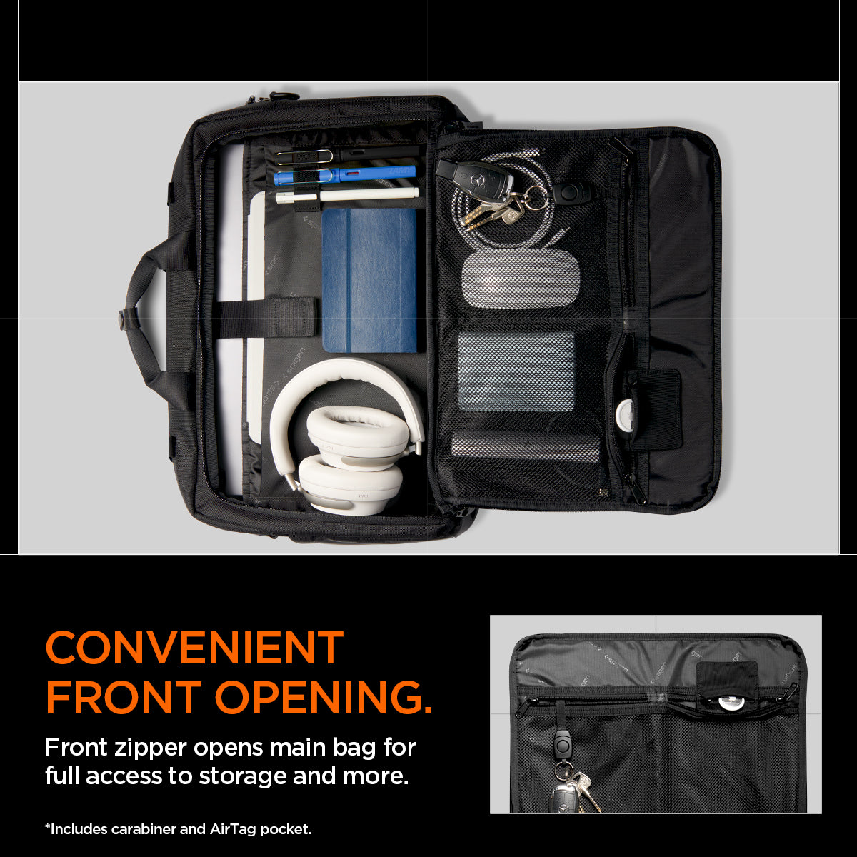 AFA09540 - Klasden Laptop Business Shoulder Bag KD300 convenient front opening. Front zipper opens main bag for full access to storage and more. Includes carabiner and air tag pocket.