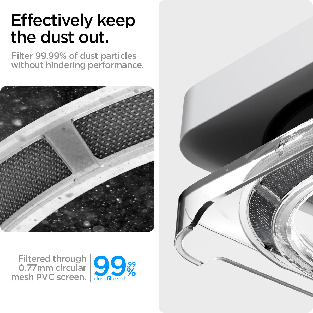 AMP06150 - Apple Mac Mini Stand in crystal clear showing how effectively keeping the dust out. Filter 99.99% of dust particles without hindering performance. Filter through 0.77mm circular mesh PVC screen