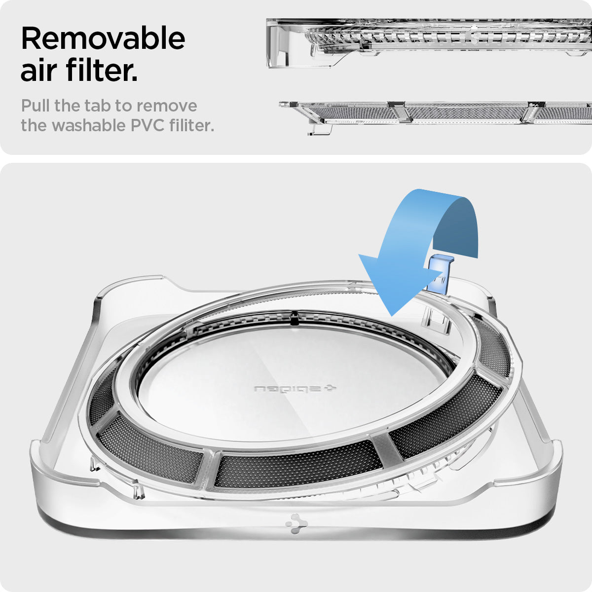 AMP06150 - Apple Mac Mini Stand in crystal clear showing the removable air filter. Pull the tab to remove the washable PVC filter