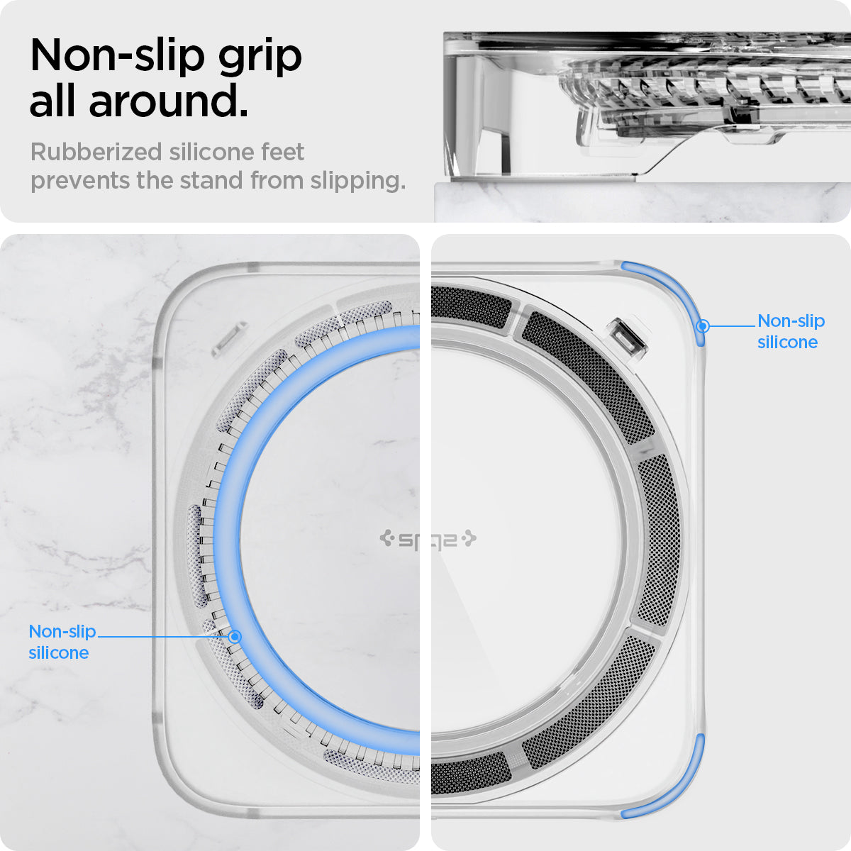 AMP06150 - Apple Mac Mini Stand in crystal clear showing the non-slip grip all around. Rubberized silicone feet prevent the stand from slipping