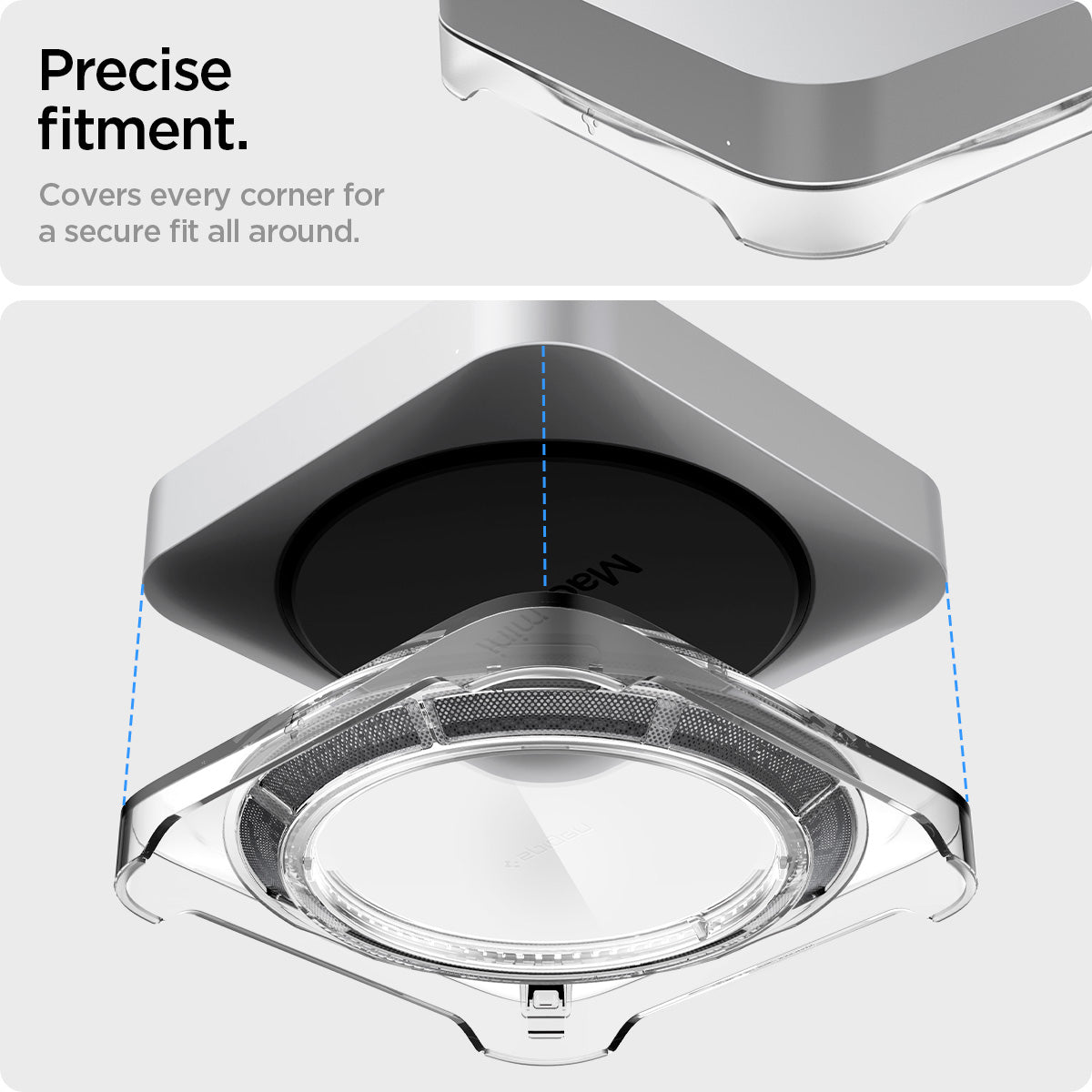 AMP06150 - Apple Mac Mini Stand in crystal clear showing the precise fitment. Covers every corner for a secure fit all around