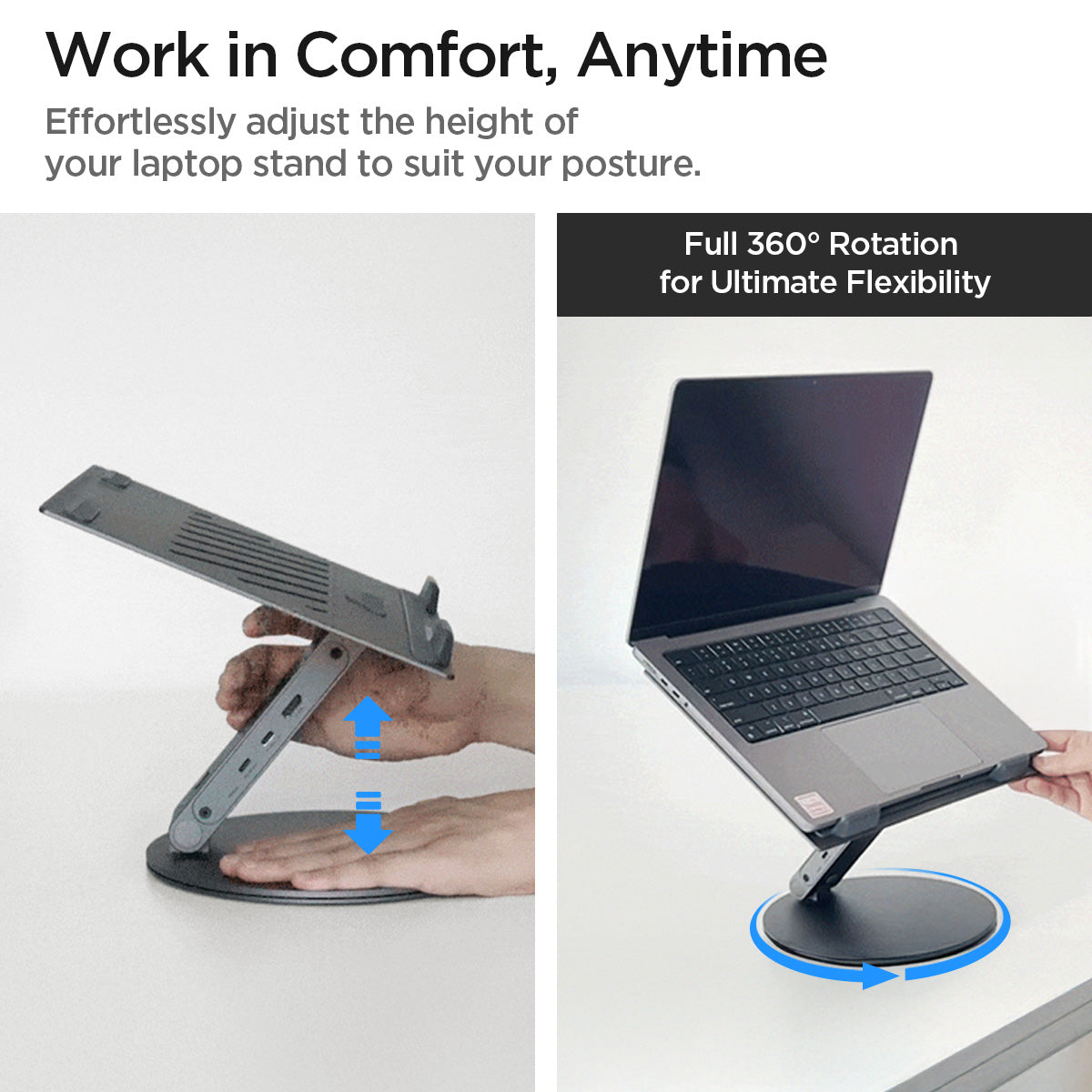 AMP08885 - Laptop Stand Hub LD204H work in comfort, anytime. Effortlessly adjust the height of your laptop stand to suit your posture. Full 360 rotation for ultimate flexibility.