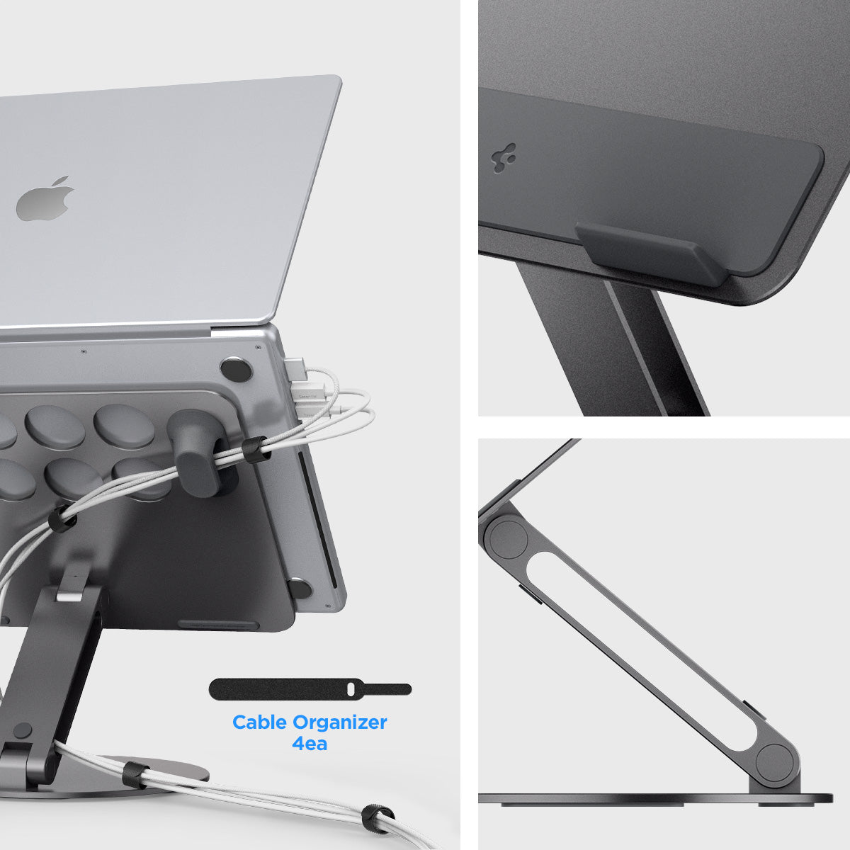 AMP09303 - Laptop Stand | LD206C in Space Gray showing the different angle and the cable organizer 4ea