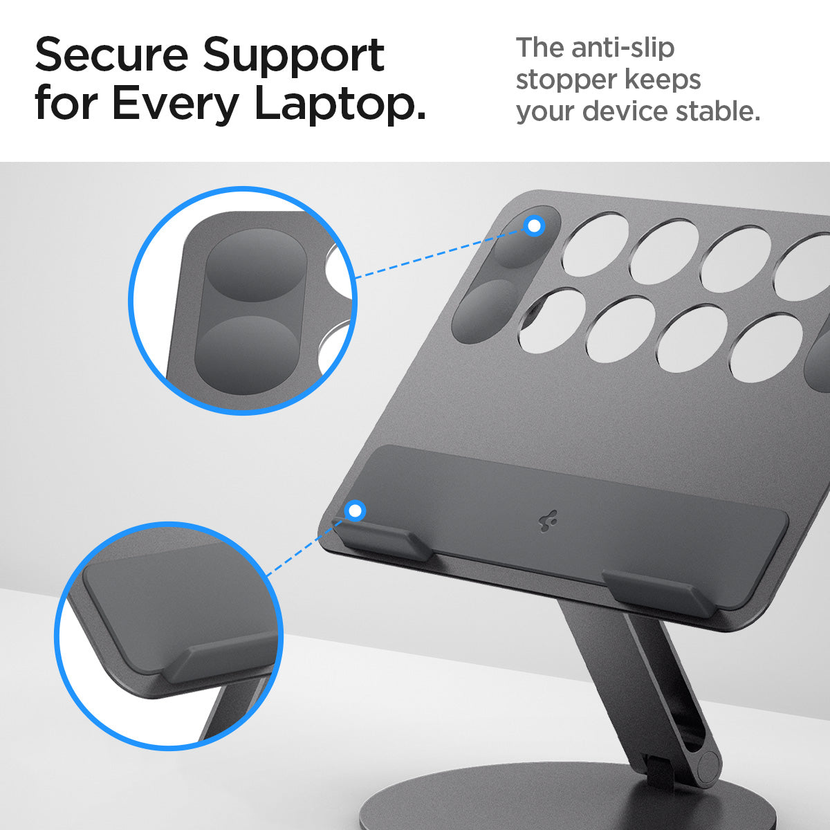 AMP09303 - Laptop Stand | LD206C in Space Gray showing the secure support for every laptop. The anti-slip stopper keeps your device stable