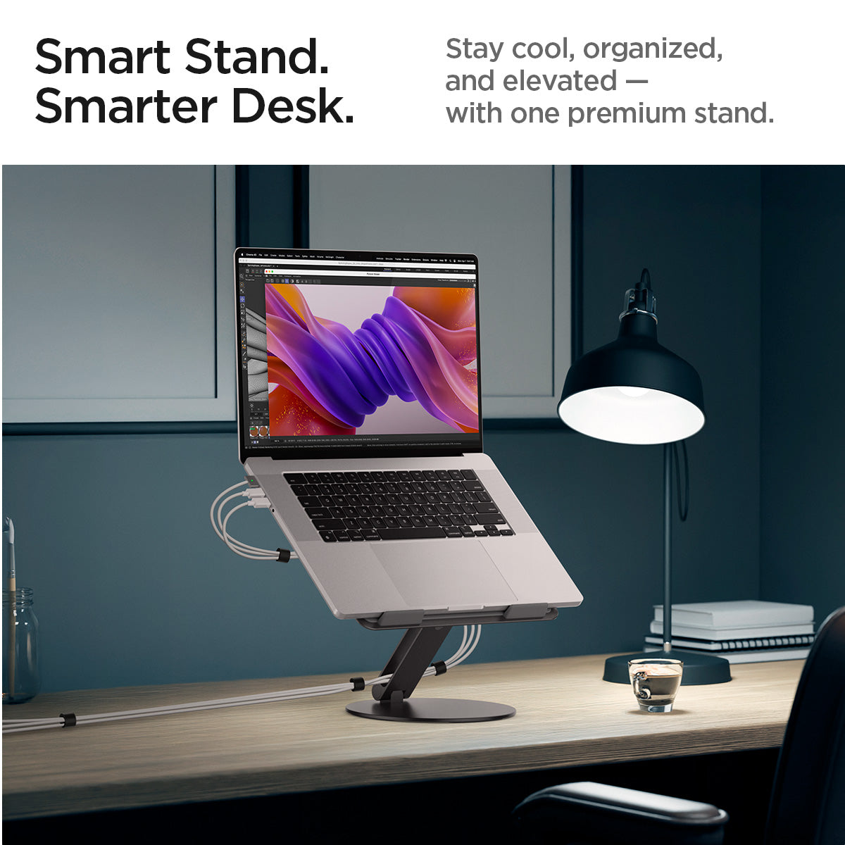 AMP09303 - Laptop Stand | LD206C in Space Gray showing the smart stand. Smarter desk. Stay cool, organized, and elevated with one premium stand