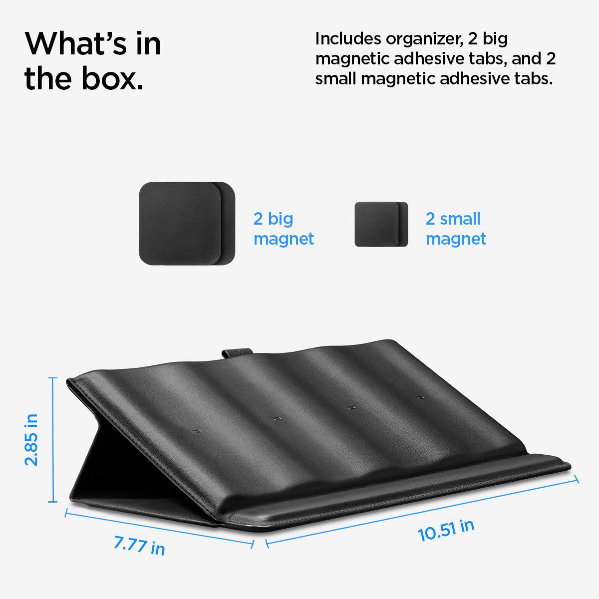 AHP09277 - Universal Remote Control | LD401 what's in box. Includes organizer, 2 big magnetic adhesive tabs. 2 big magnet, 2 small magnet. 2.85 in, 7.77 in, 10.51 in.