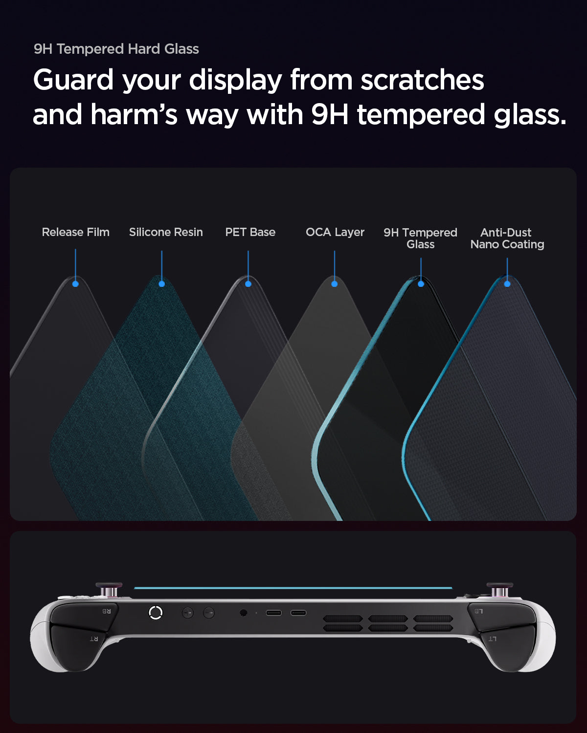 AGL09773 - Lenovo Legion Go S Glas.tR SLIM in Clear showing the 9H Tempered Hard Glass. Guard your display from scratches and harm's way with 9H tempered glass. Release Film, Silicon Resin, PET Base, OCA Layer, 9H Tempered Glass and Anti-Dust Nano Coating