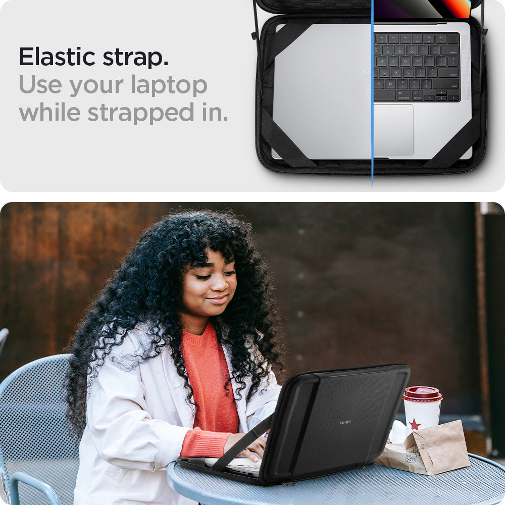 AFA04270 - Rugged Armor Pro Laptop Pouch 14" in Black showing the elastic strap. Use your laptop while strapped in