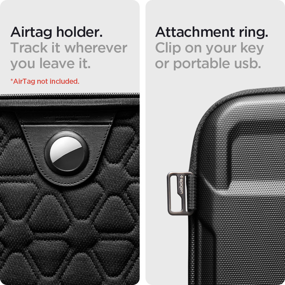 AFA04270 - Rugged Armor Pro Laptop Pouch 14" in Black showing the Airtag holder. Track it wherever you leave it. Attachment ring, which you can clip on you key or portable usb