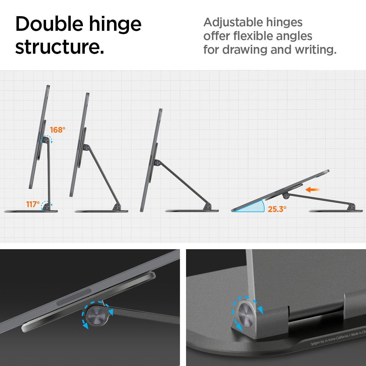 AMP06414 - OneTap Easel Magnetic Stand (MagFit) in black showing the double hinge structure. Adjustable hinges offer flexible angles for drawing and writing