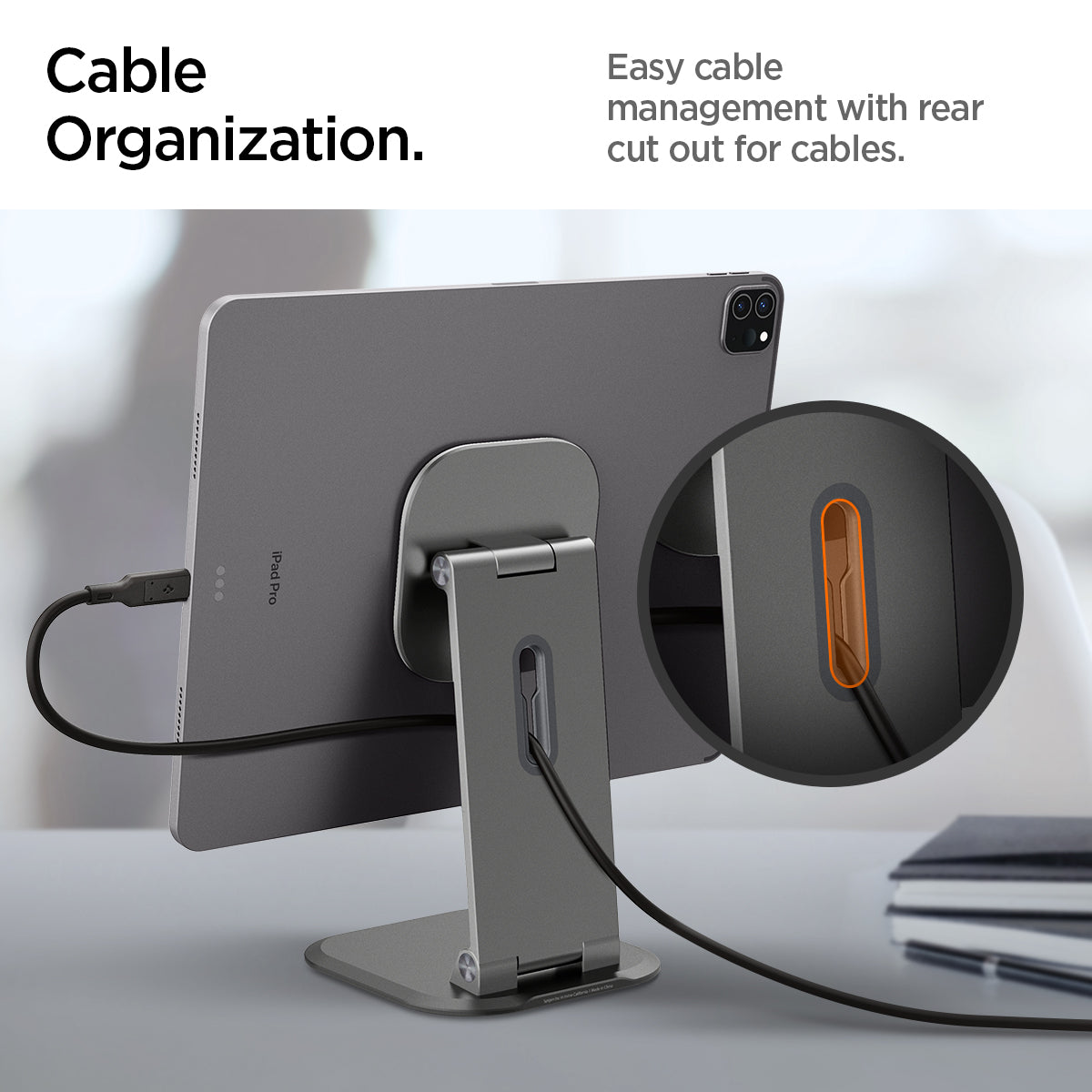 AMP06414 - OneTap Easel Magnetic Stand (MagFit) in black showing the cable organization. Easy cable management with rear cut out for cables