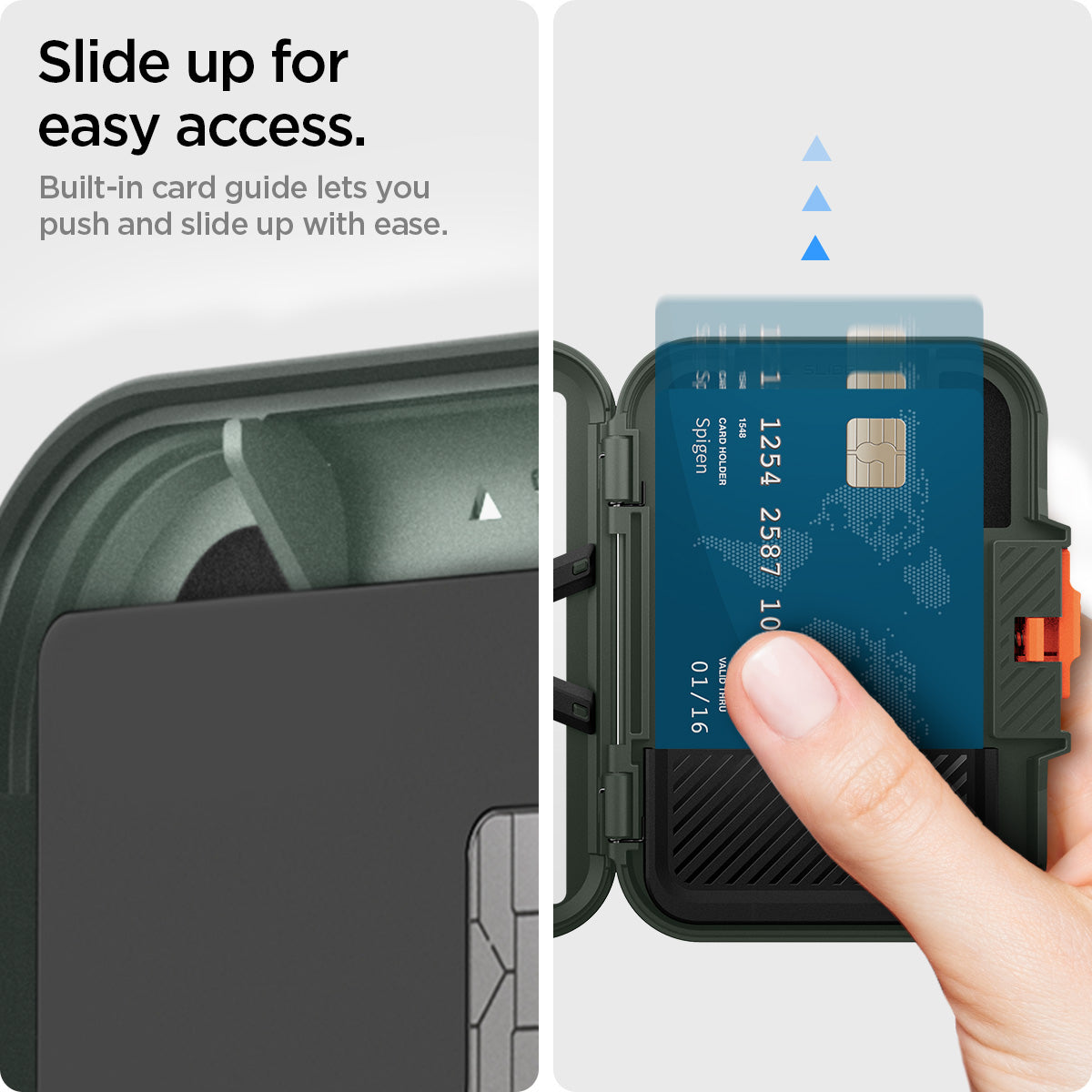 AFA08528 - MagSafe Card Holder Lock Fit (MagFit) in Military Green showing the slide up for easy access, built-in card guide lets you push and slide up with ease