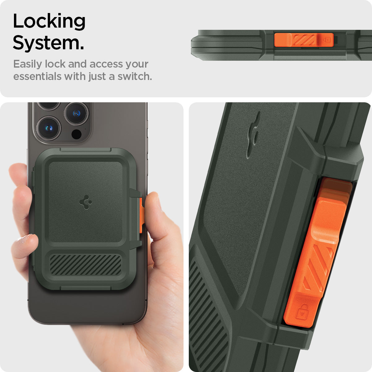 AFA08528 - MagSafe Card Holder Lock Fit (MagFit) in Military Green showing the locking system, easily lock and access your essentials with just a switch