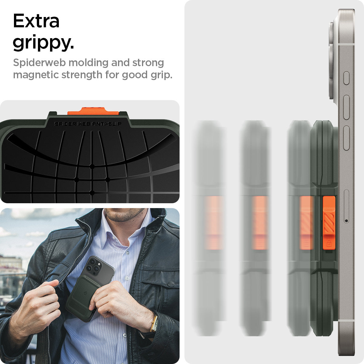 AFA08528 - MagSafe Card Holder Lock Fit (MagFit) in Military Green showing the extra grippy, spiderweb molding and strong magnetic strength for good grip