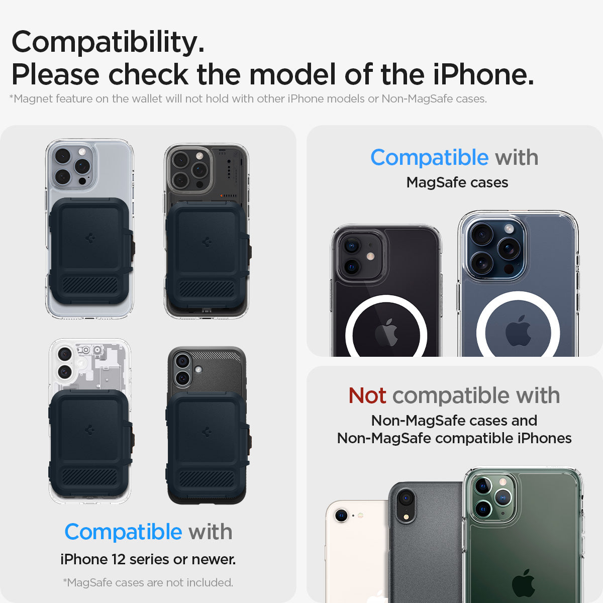 AFA08526 - MagSafe Card Holder Lock Fit (MagFit) in Metal Slate showing the compatible cases, iphone 12 series or newer, compatible with magsafe cases but not compatible with non-magsafe cases and non-magsafe compatible iphones