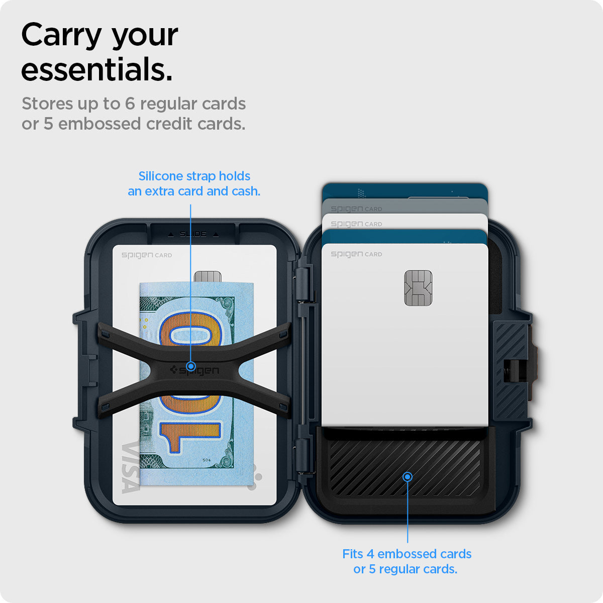 AFA08526 - MagSafe Card Holder Lock Fit (MagFit) in Metal Slate showing the carry your essentials, stores up to 6 regular cards or 5 embossed credit cards, silicone strap holds an extra card and cash, fits 4 embossed cards or 5 regular cards