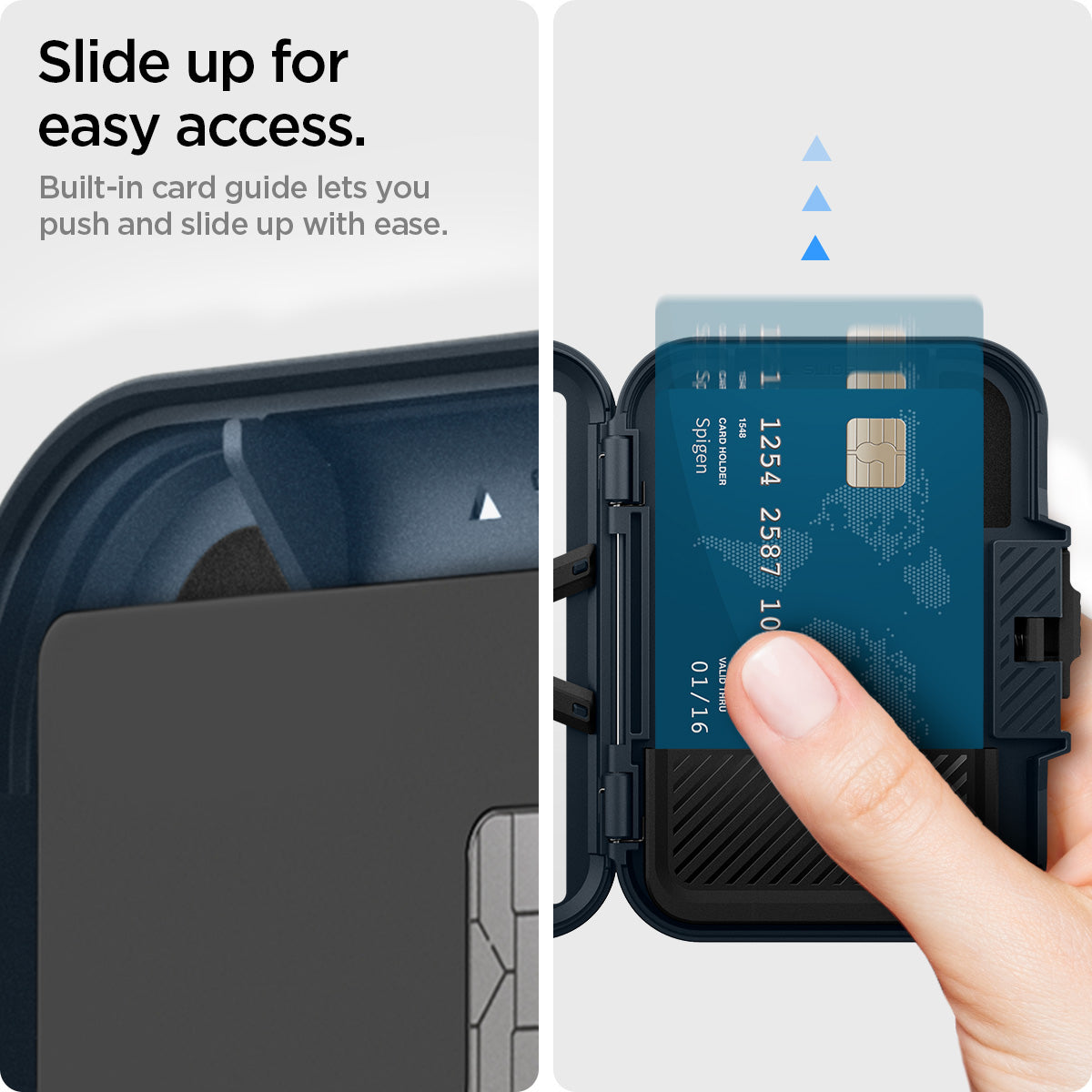AFA08526 - MagSafe Card Holder Lock Fit (MagFit) in Metal Slate showing the slide up for easy access, built-in card guide lets you push and slide up with ease