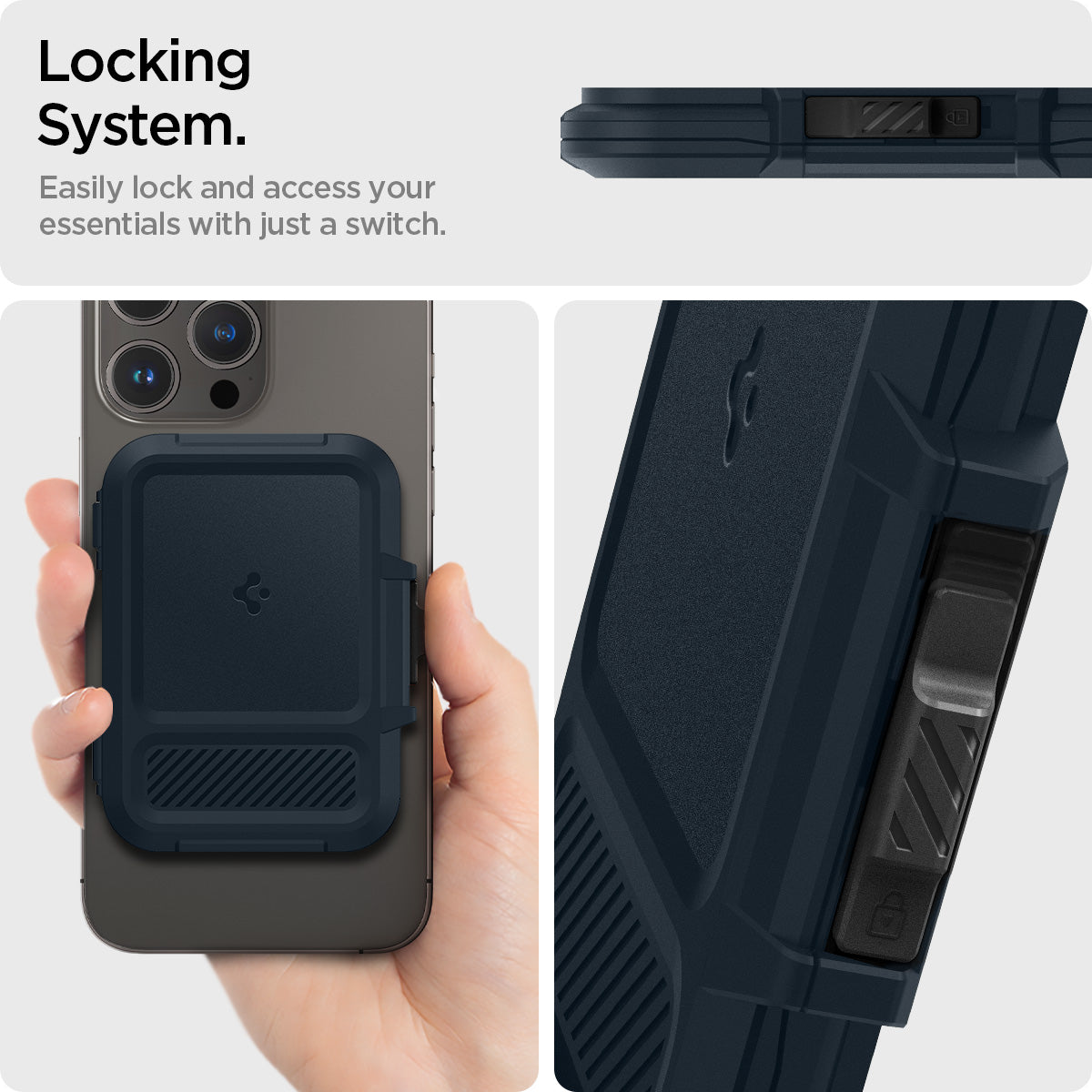 AFA08526 - MagSafe Card Holder Lock Fit (MagFit) in Metal Slate showing the locking system, easily lock and access your essentials with just a switch