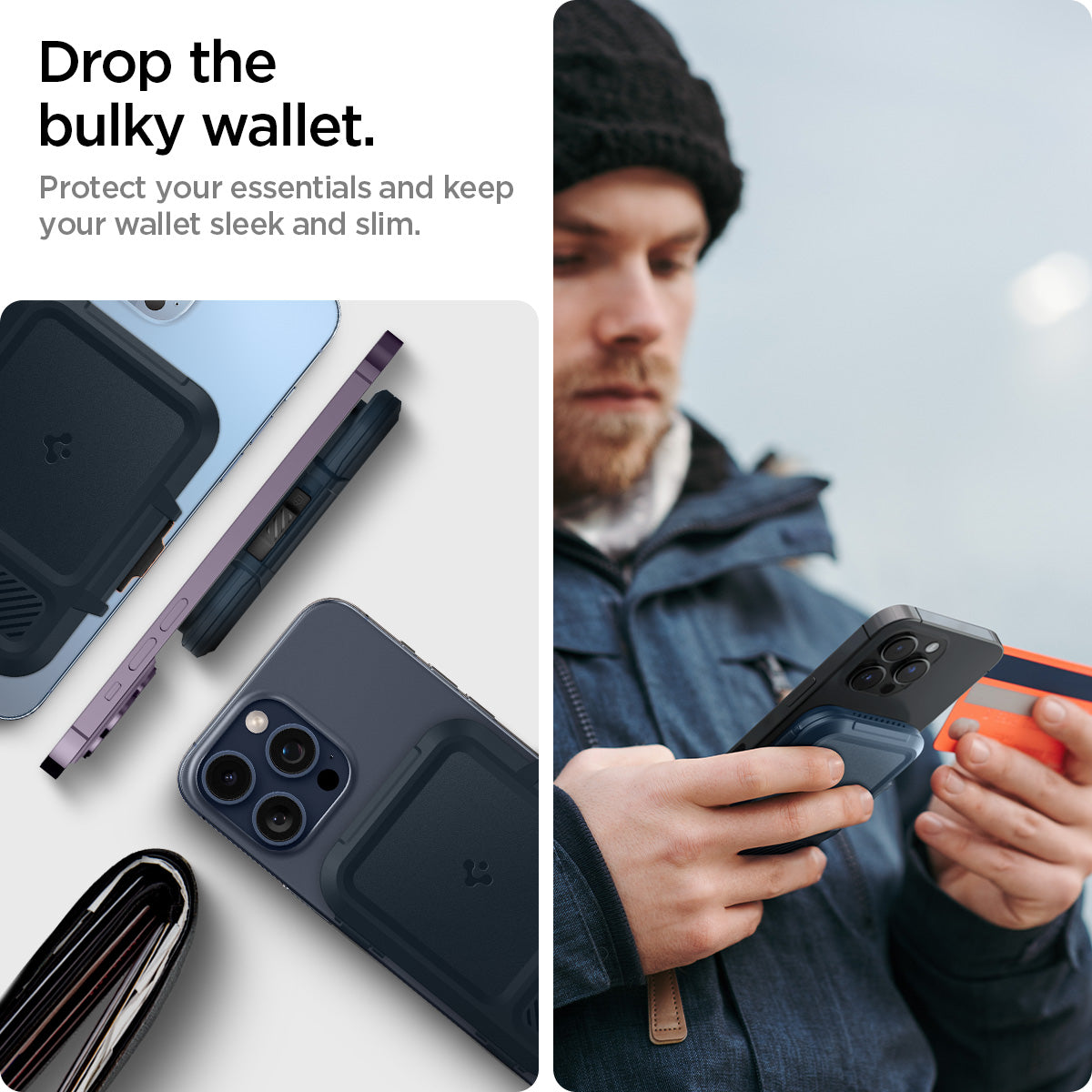 AFA08526 - MagSafe Card Holder Lock Fit (MagFit) in Metal Slate showing the drop the bulky wallet, protect your essentials and keep your wallet sleek and slim