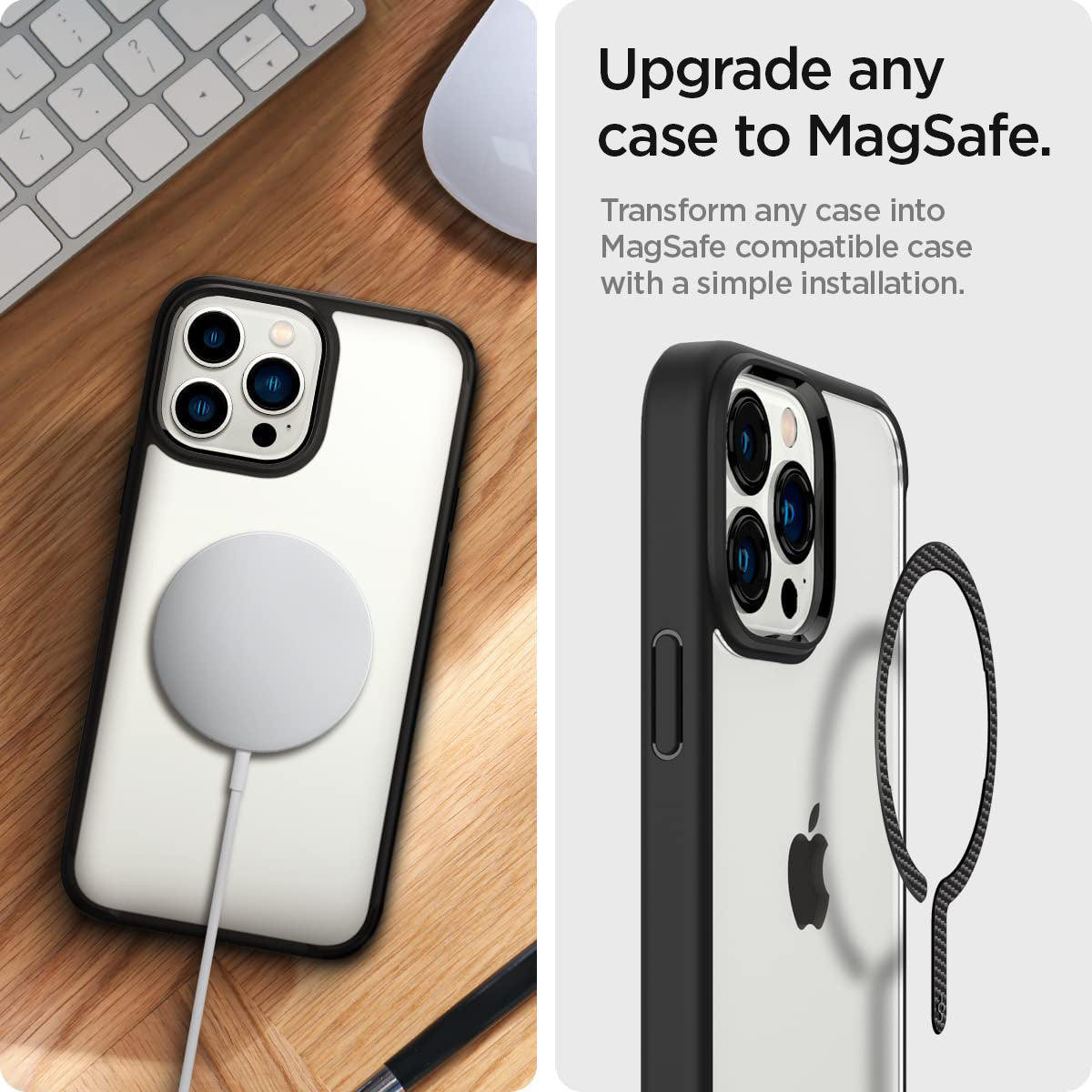 ACP03804 - OneTap MagSafe Metal Plate (MagFit) in carbon showing the upgrade any case to magsafe. transform any case into magsafe compatible case with a simple installation