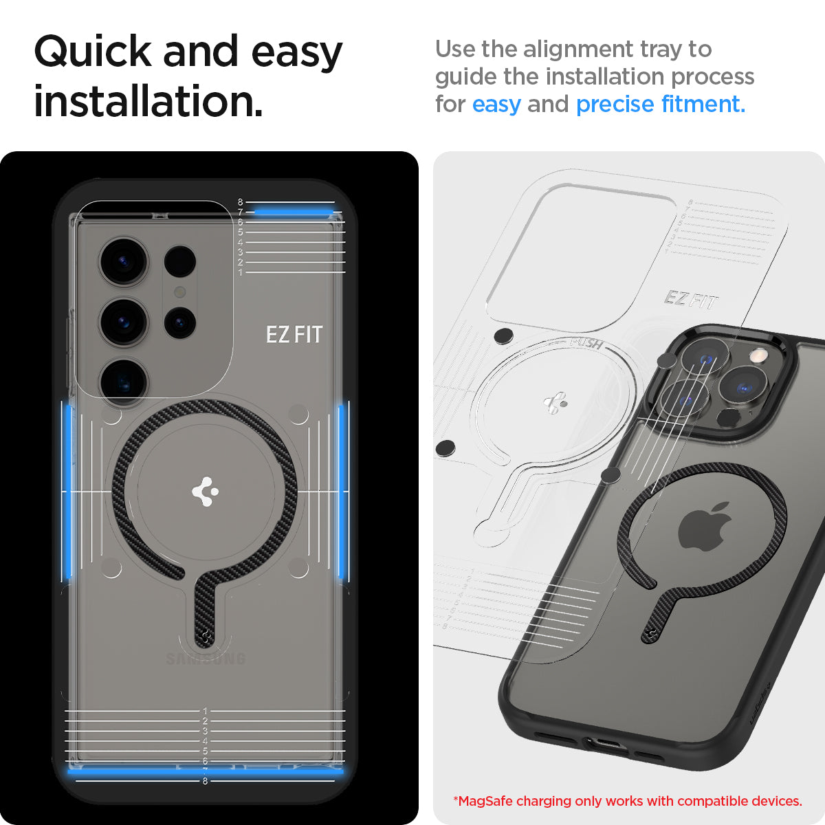 ACP03804 - OneTap MagSafe Metal Plate (MagFit) in carbon showing the quick and easy installation. Use the alignment tray to guide the installation process for easy and precise fitment