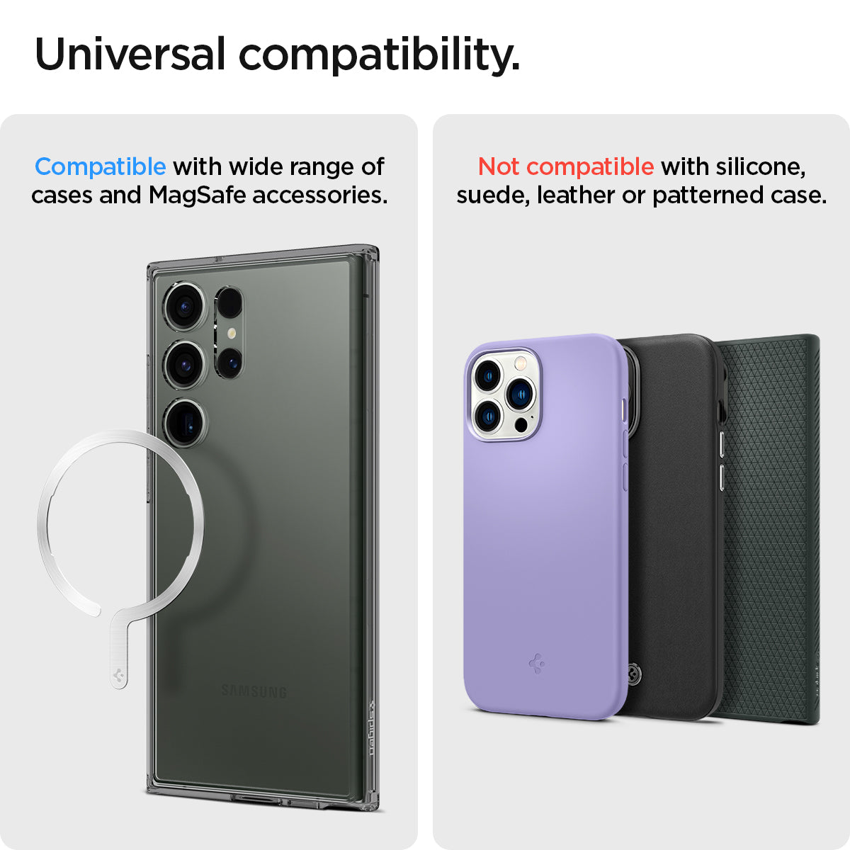 ACP03805 - OneTap MagSafe Metal Plate (MagFit) in silver showing the universal compatibility. Compatible with wide range of cases and MagSafe accessories and Not compatible with silicone, suede, leather or patterned case