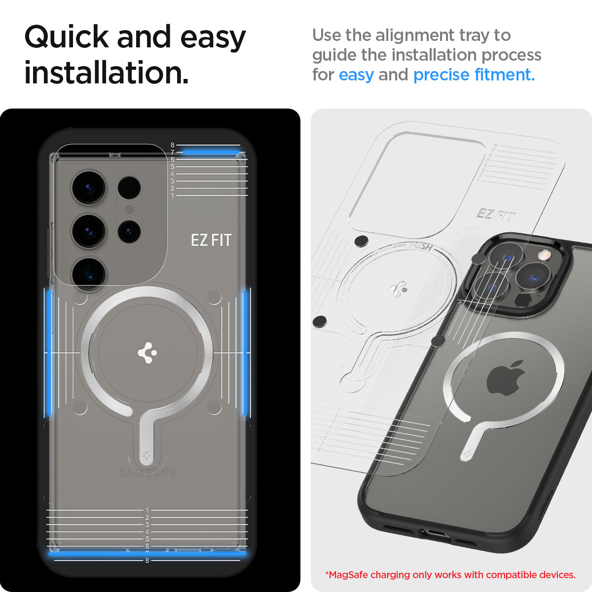 ACP03805 - OneTap MagSafe Metal Plate (MagFit) in silver showing the quick and easy installation. Use the alignment tray to guide the installation process for easy and precise fitment