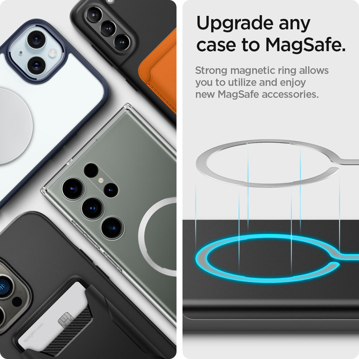 ACP03805 - OneTap MagSafe Metal Plate (MagFit) in silver showing the upgrade any case to magsafe. Strong magnetic ring allows you to utilize and enjoy new MagSafe accessories