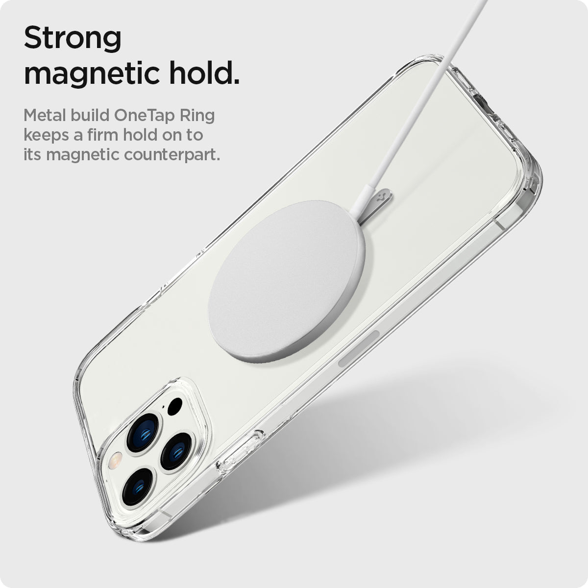 ACP03805 - OneTap MagSafe Metal Plate (MagFit) in silver showing the strong magnetic hold. Metal build OneTap Ring keeps a firm hold on to its magnetic counterpart