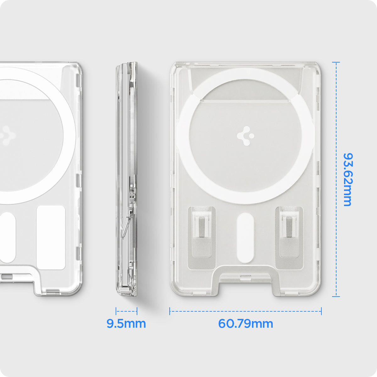 AFA07148 - Ultra Hybrid MagFit Wallet (MagFit) in Crystal Clear showing the dimensions, thickness - 9.5mm width - 60.79mm and height - 93.62mm