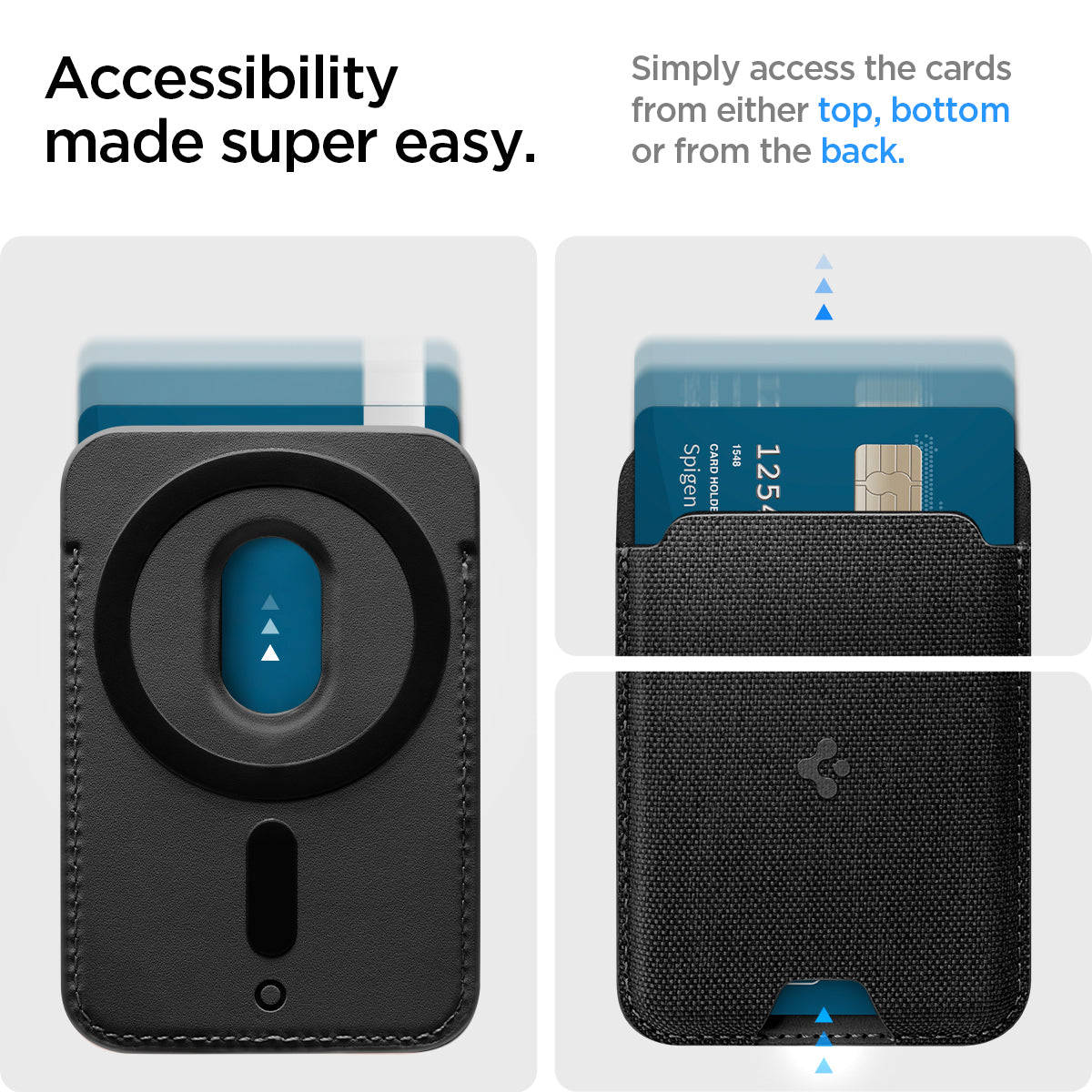 AFA07402 - MagSafe Card Holder Urban Fit (MagFit) in Black showing the accessibility made super easy, simply access the cards from either top, bottom or from the back