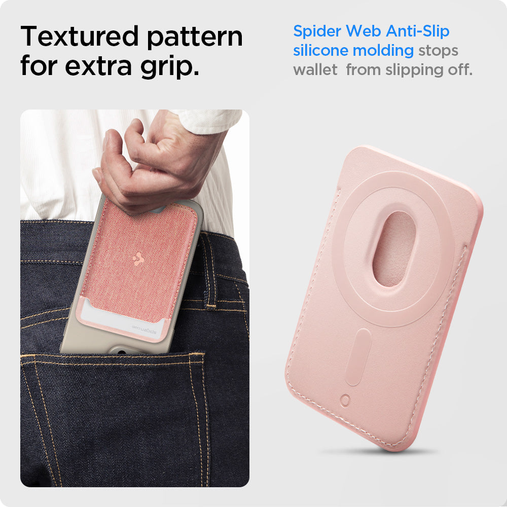 AFA07424 - MagSafe Card Holder Urban Fit (MagFit) in Rose Gold showing the textured pattern for extra grip, spider web anti-slip silicone molding stops wallet from slipping off