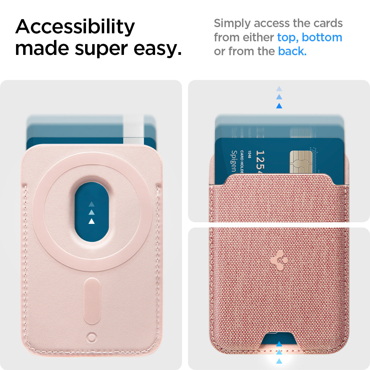 AFA07424 - MagSafe Card Holder Urban Fit (MagFit) in Rose Gold showing the accessibility made super easy, simply access the cards from either top, bottom or from the back