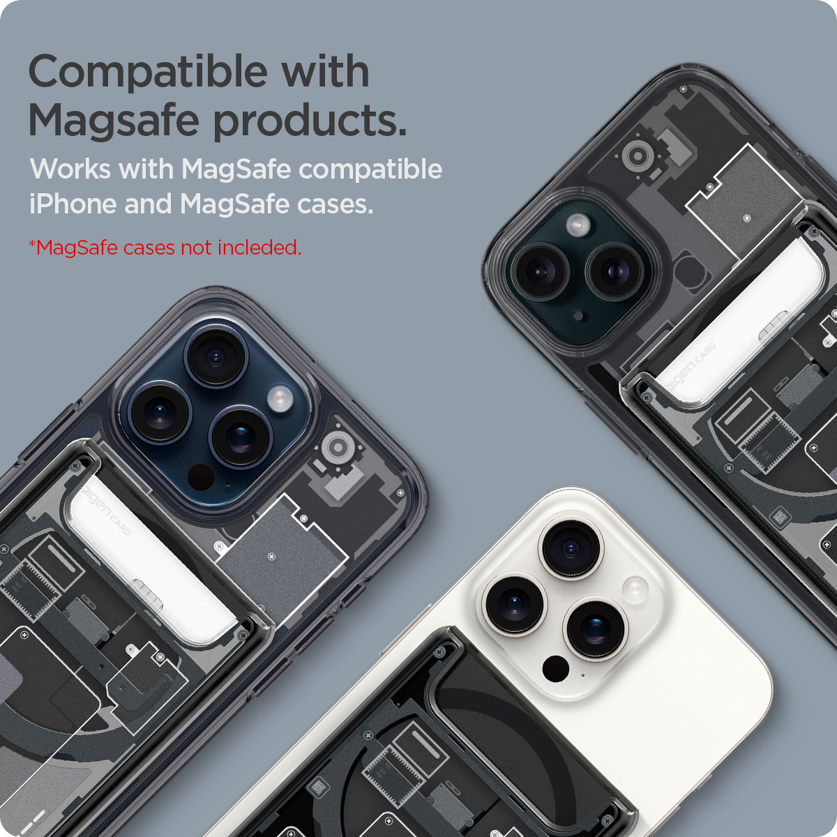 AFA07400 - Ultra Hybrid Zero One MagFit Wallet (MagFit) in Zero One showing the compatibility with MagSafe products. Works with Magsafe compatible iPhone and MagSafe cases