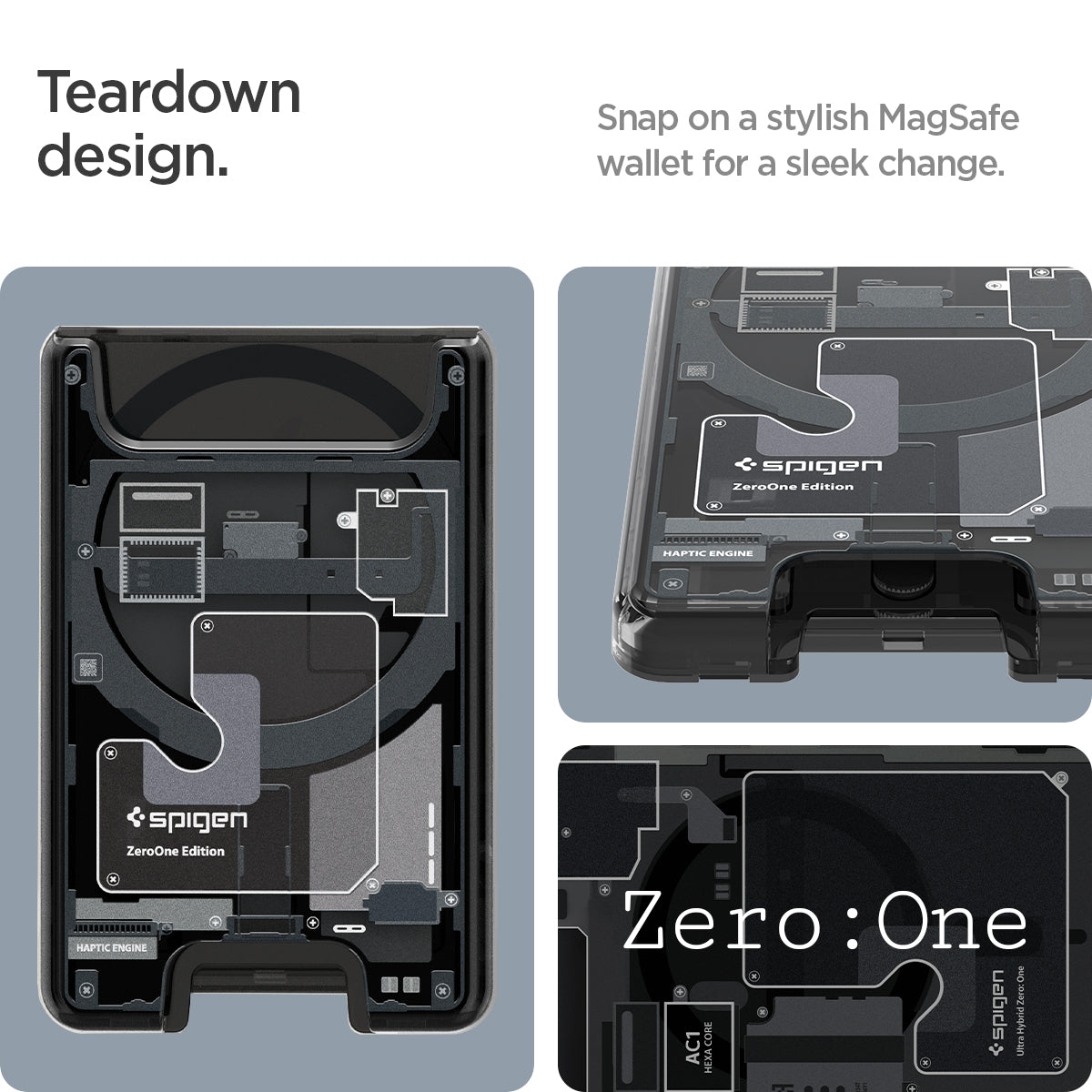 AFA07400 - Ultra Hybrid Zero One MagFit Wallet (MagFit) in Zero One showing the teardown design. Snap on a stylish MagSafe wallet for a sleek change
