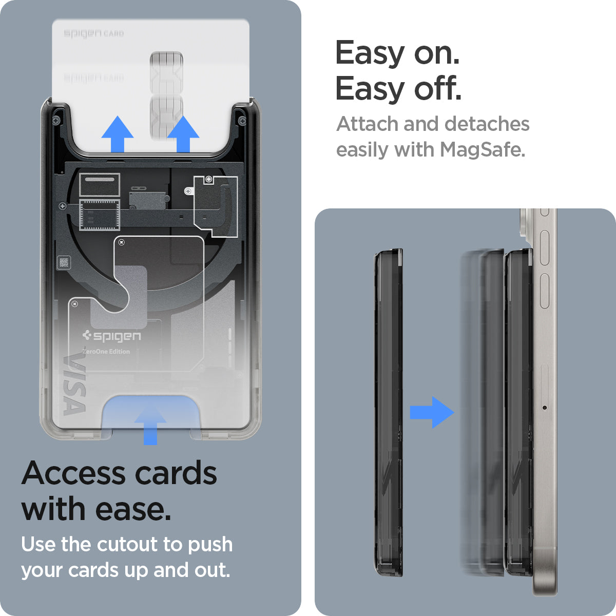 AFA07400 - Ultra Hybrid Zero One MagFit Wallet (MagFit) in Zero One showing the easy on, easy off. Attach and detaches easily with Magsafe. Access cards with ease. Use the cutout to push your cards up and out
