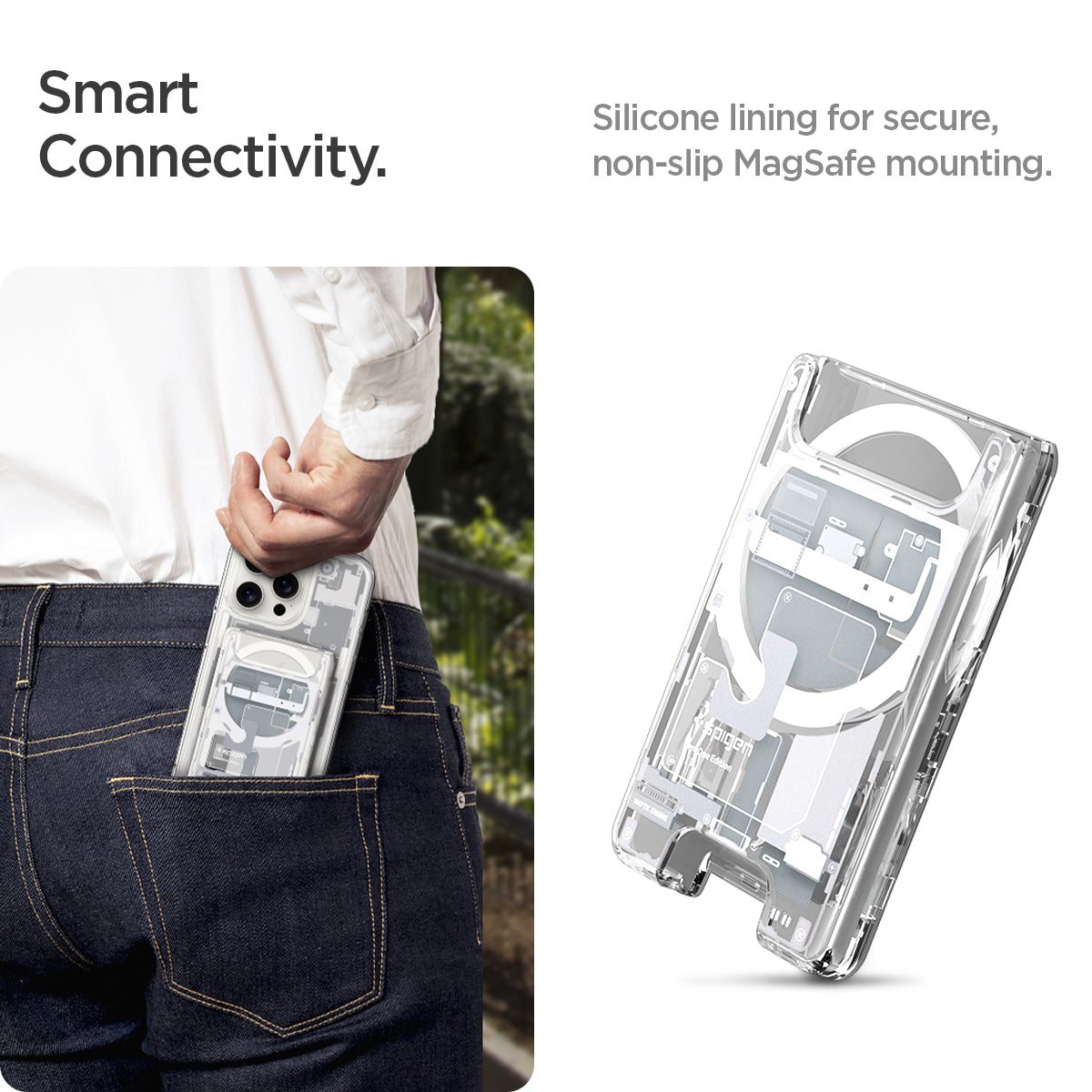 AFA07401 - Ultra Hybrid Zero One MagFit Wallet (MagFit) in Zero One White showing the smart connectivity. Silicone lining for secure, non-slip MagSafe mounting