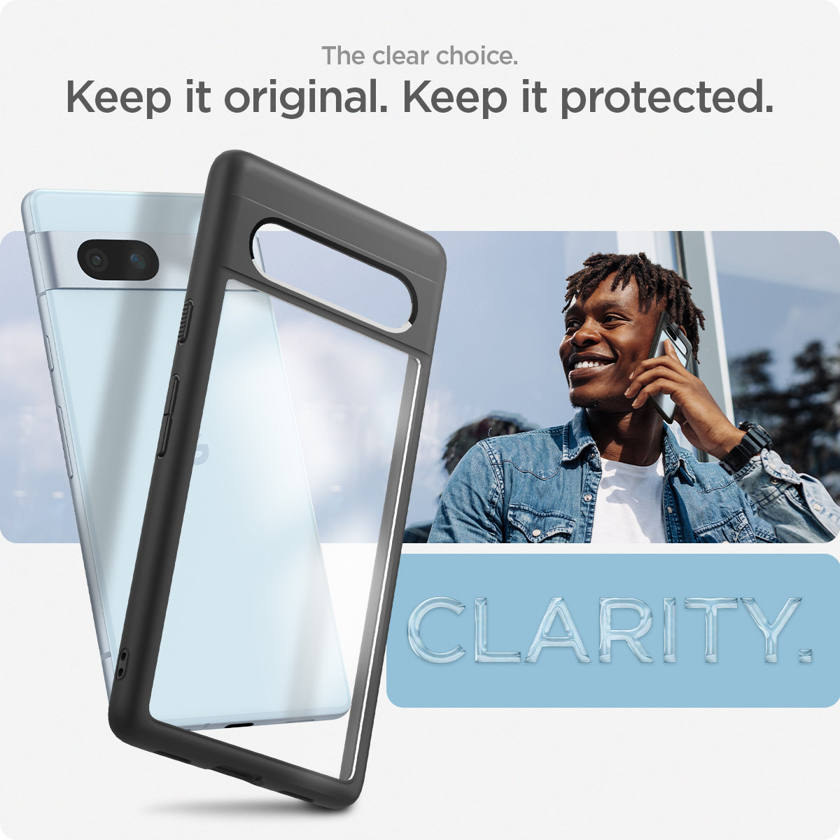 ACS05818 - Pixel 7a Case Ultra Hybrid in matte black showing the clear choice. Keeping it original and protected