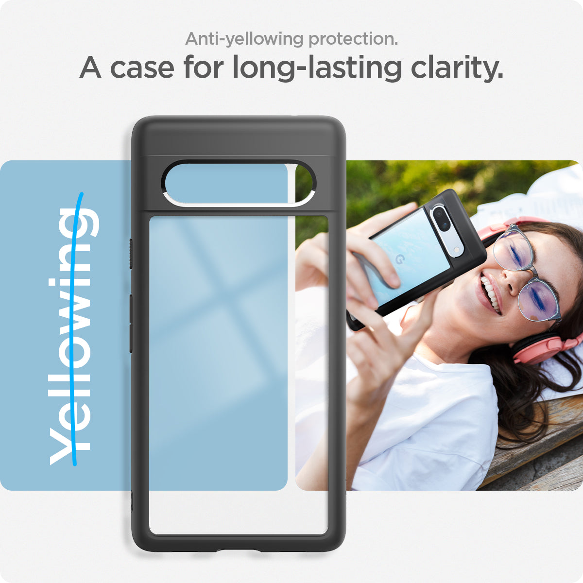 ACS05818 - Pixel 7a Case Ultra Hybrid in matte black showing the anti-yellowing protection. A case for long-lasting clarity.