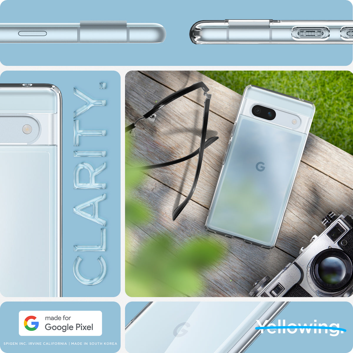 ACS05817 - Pixel 7a Case Ultra Hybrid in crystal clear showing the different angles