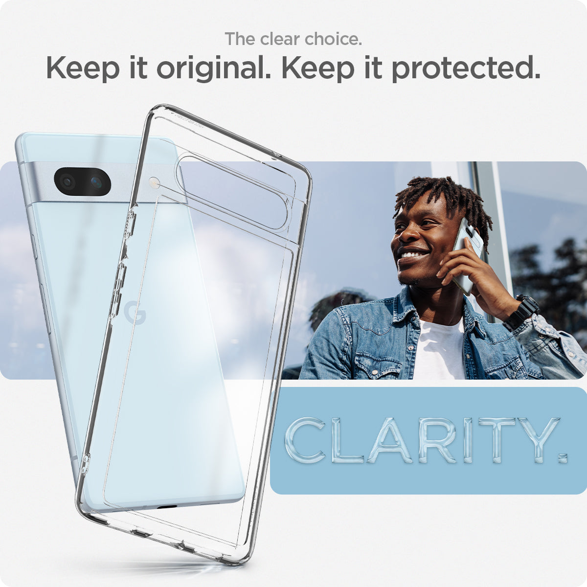 ACS05817 - Pixel 7a Case Ultra Hybrid in crystal clear showing the clear choice. Keeping it original and protected