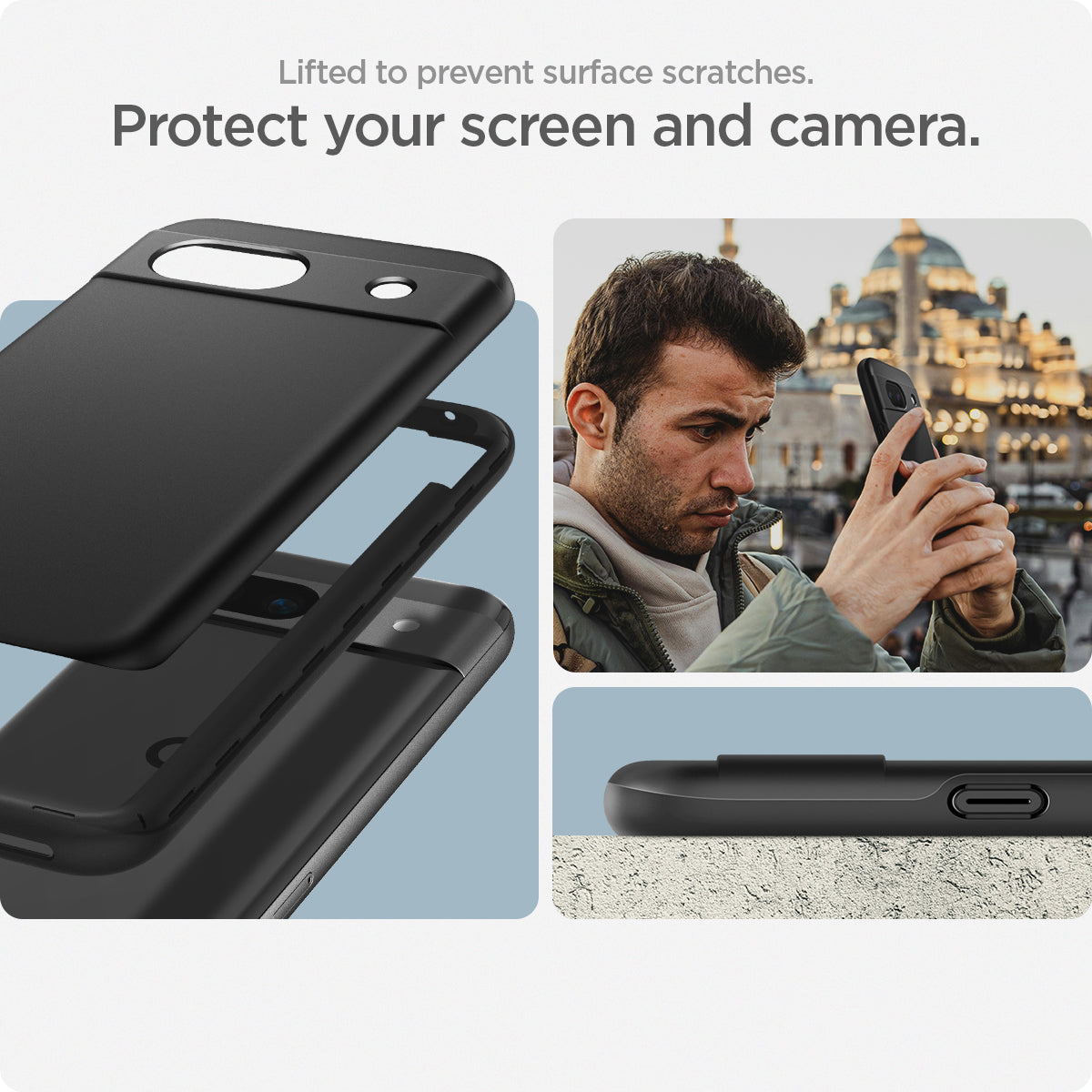 ACS07256 - Pixel 8a Case Thin Fit in Black lifted to prevent surface scratches. protect your screen and camera.