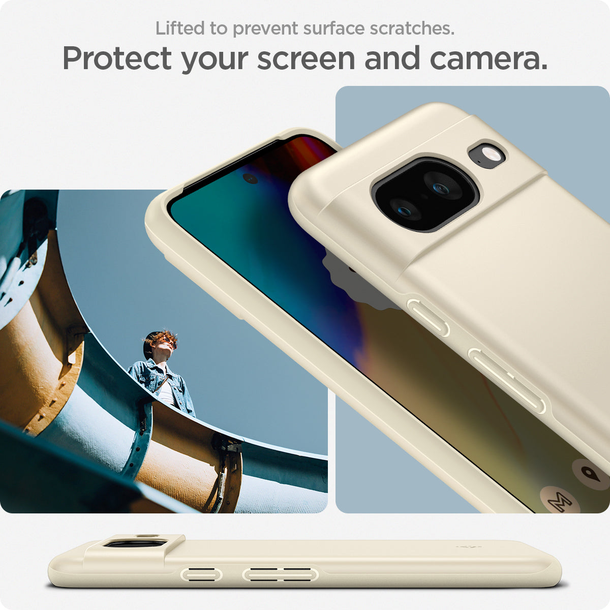 ACS06291 - Pixel 8 Case Thin Fit in mute beige lifted to prevent surface scratches. protect your screen and camera.