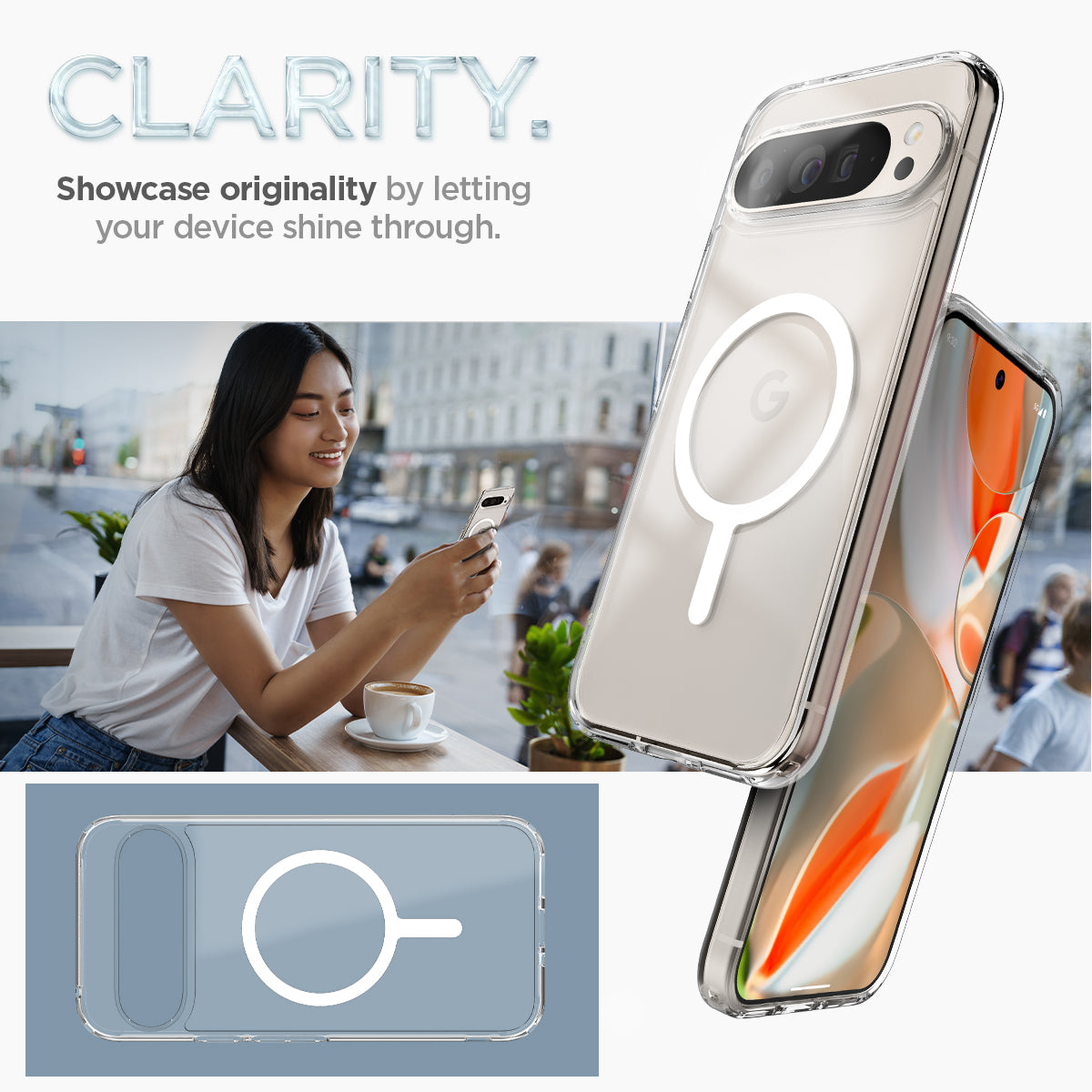 ACS09025 - Pixel 9 Case Ultra Hybrid Metal Ring (MagFit) in White clarity. Showcase originality by letting your device shine through.