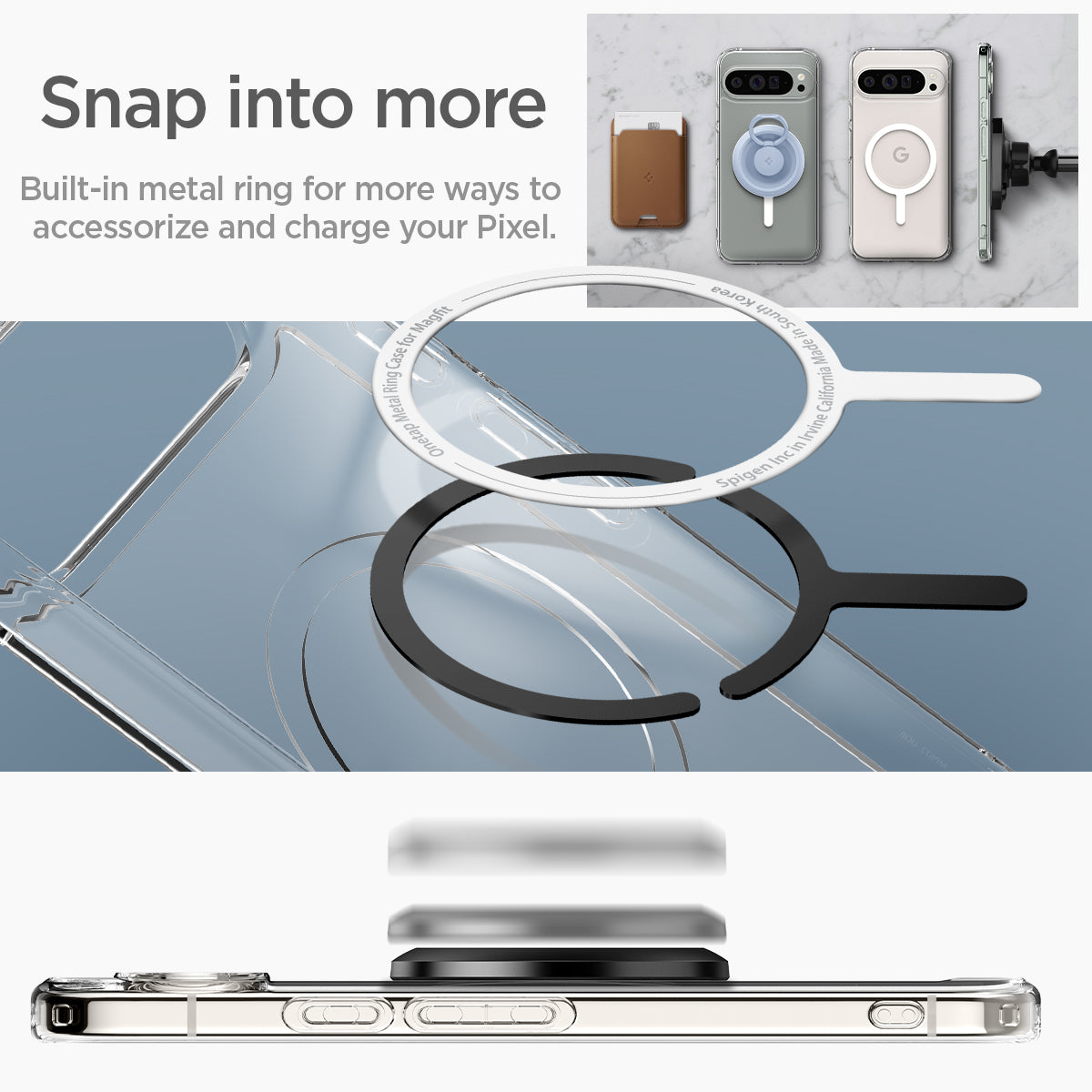 ACS09025 - Pixel 9 Case Ultra Hybrid Metal Ring (MagFit) in White snap into more built in metal ring for move ways to accessorize and charge your pixel.