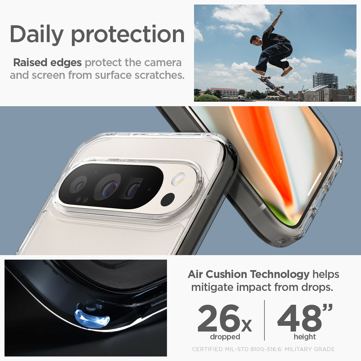 ACS09025 - Pixel 9 Case Ultra Hybrid Metal Ring (MagFit) in White daily protection raised edges protect the camera and screen from surface scratches. Air cushion technology helps mitigate impact from drops.