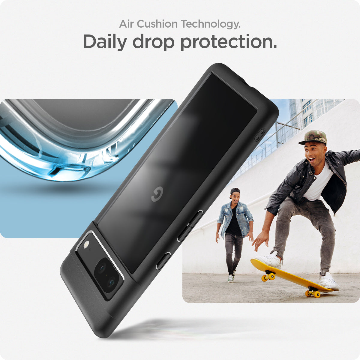 ACS04700 - Pixel 7 Case Ultra Hybrid in matte black showing the daily drop protection with Air Cushion Technology